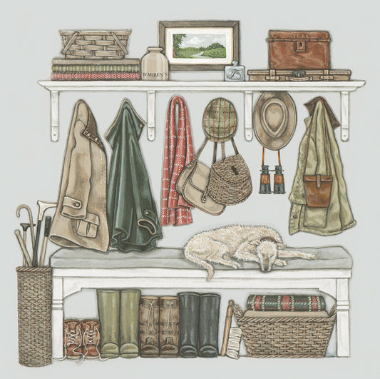 A greetings card featuring a sleeping hound on a boot room bench under hanging coats, hats and bags. Boots and baskets underneath the bench.
