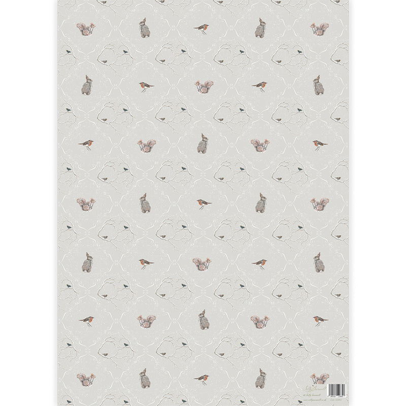A sheet of patterned gift wrap featuring small illustrated rabbits, robins, and squirrels on an off-white background with a delicate trellis pattern.