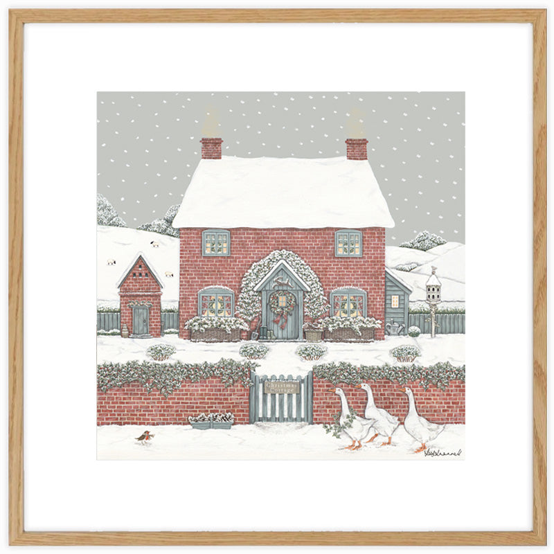 Illustration by Sally Swannell of a snowy cottage scene with a cottage garden, geese, and festive decorations.