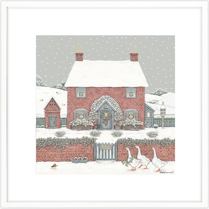 Illustration by Sally Swannell of a snowy cottage scene with a cottage garden, geese, and festive decorations.