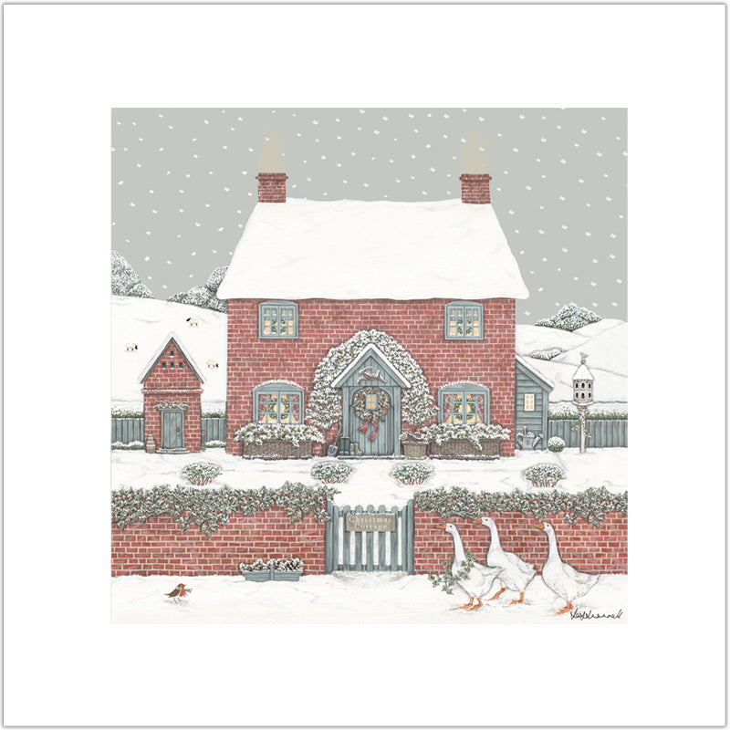 Illustration by Sally Swannell of a snowy cottage scene with a cottage garden, geese, and festive decorations.