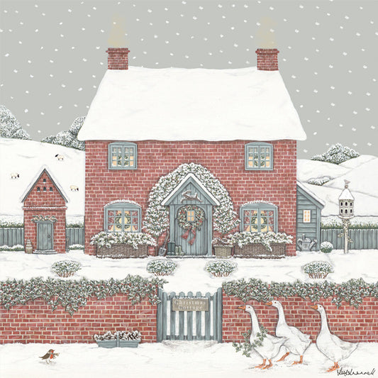 Illustration by Sally Swannell of a snowy cottage scene with a cottage garden, geese, and festive decorations.