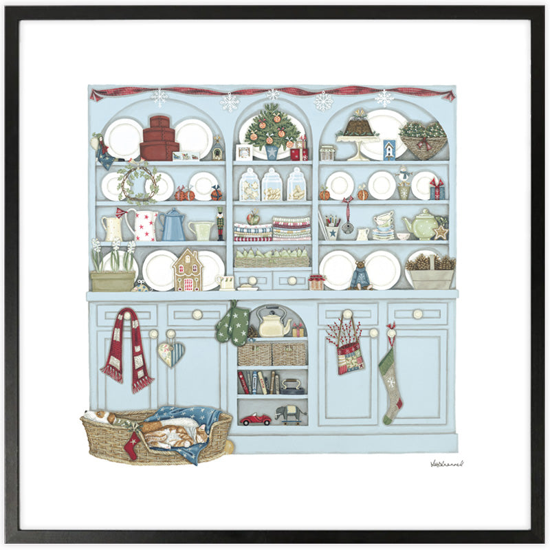 Decorative illustration by Sally Swannell of a kitchen dresser with Christmas-themed items