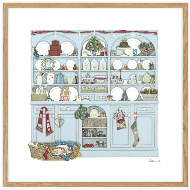Decorative illustration by Sally Swannell of a kitchen dresser with Christmas-themed items