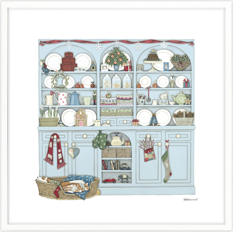 Decorative illustration by Sally Swannell of a kitchen dresser with Christmas-themed items.