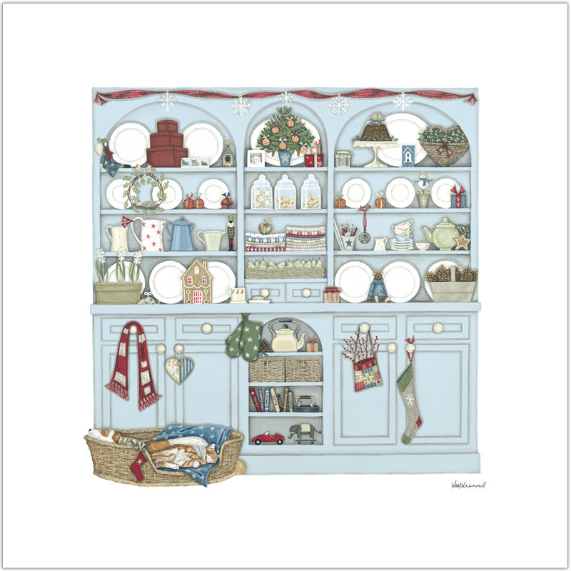 Decorative illustration by Sally Swannell of a kitchen dresser with Christmas-themed items, with a white background.