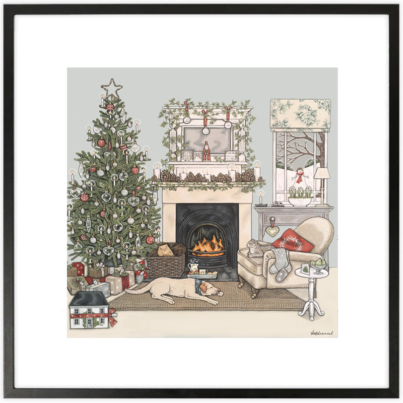 Cozy Christmas living room illustration by Sally Swannell with decorated tree, fireplace, and festive decor.
