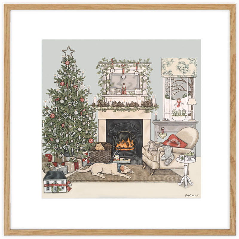 Cozy Christmas living room illustration by Sally Swannell with decorated tree, fireplace, and festive decor.