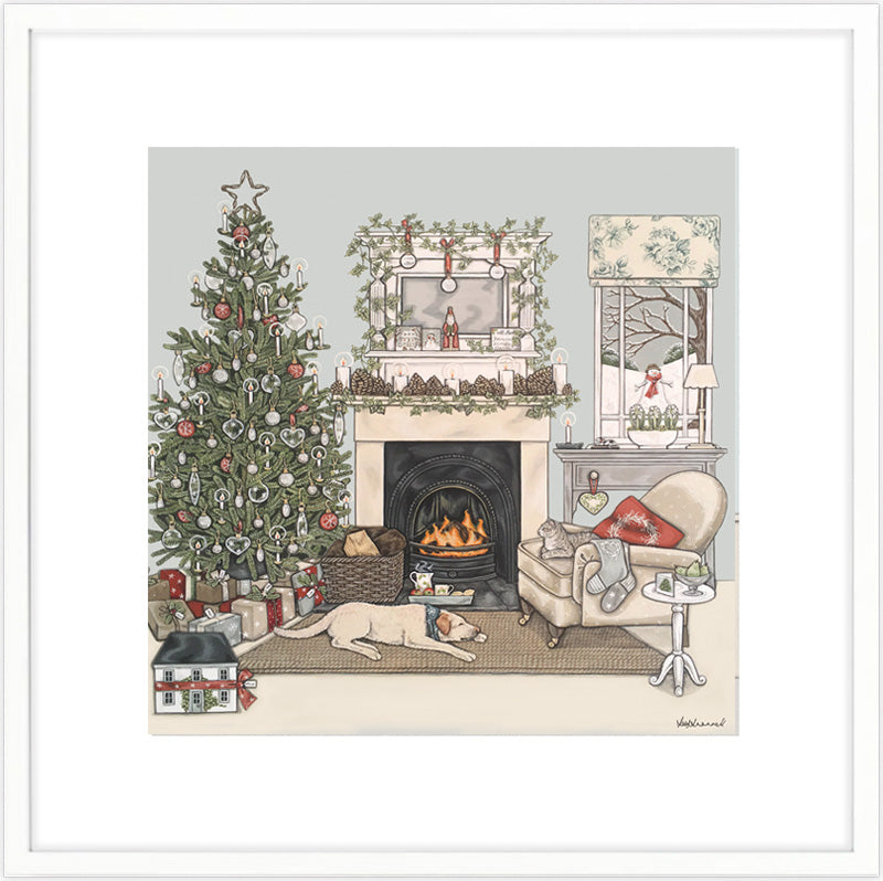Cozy Christmas living room illustration by Sally Swannell with decorated tree, fireplace, and festive decor.