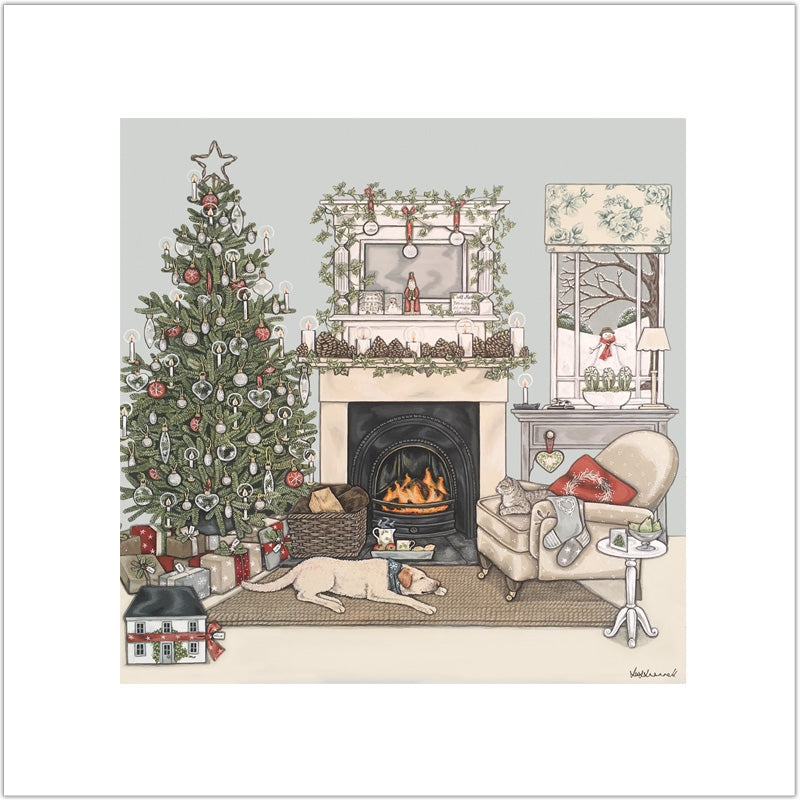Cozy Christmas living room illustration by Sally Swannell with decorated tree, fireplace, and festive decor.