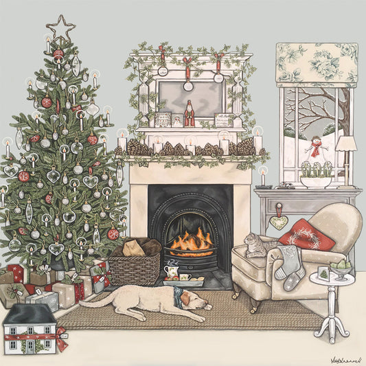 Cozy Christmas living room illustration by Sally Swannell with decorated tree, fireplace, and festive decor.