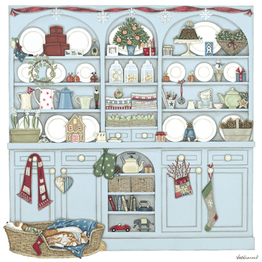 Decorative illustration by Sally Swannell of a kitchen dresser with Christmas-themed items
