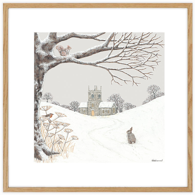 Snowy winter scene with a church, red squirrel, rabbit, robin, and snow-covered landscape