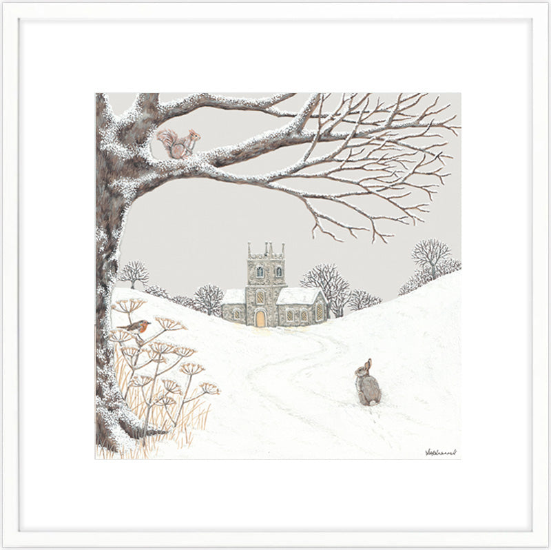 Snowy winter scene with a church, red squirrel, rabbit, robin, and snow-covered landscape