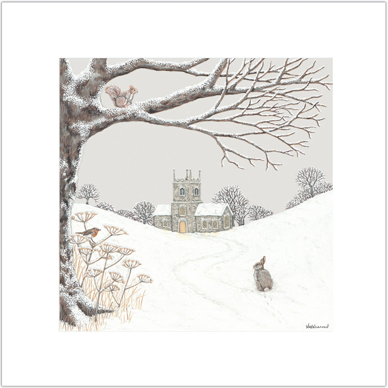 Snowy winter scene with a church, red squirrel, rabbit, robin, and snow-covered landscape