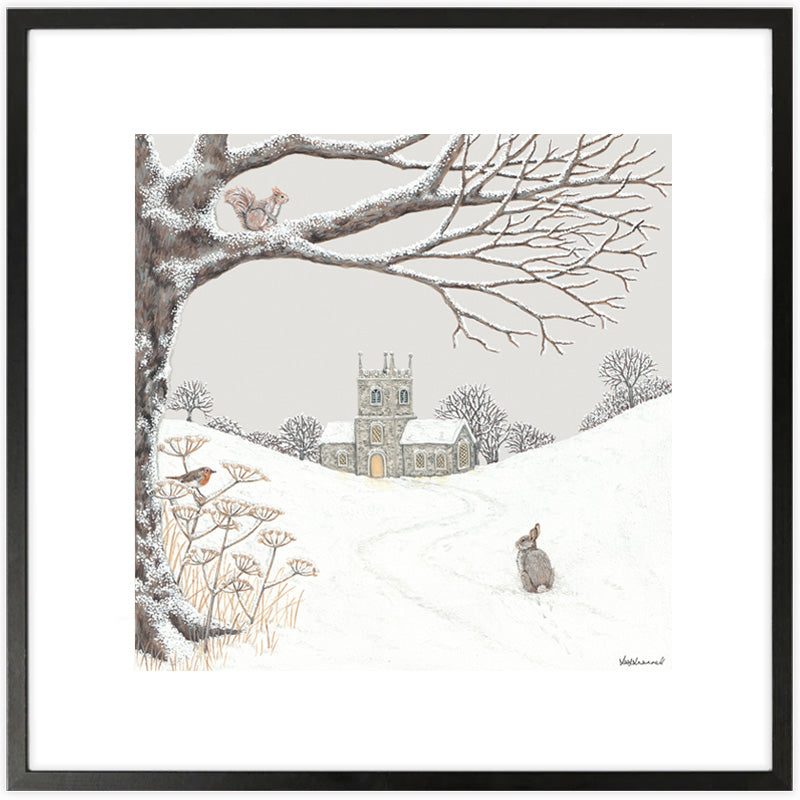 Snowy winter scene with a church, red squirrel, rabbit, robin, and snow-covered landscape