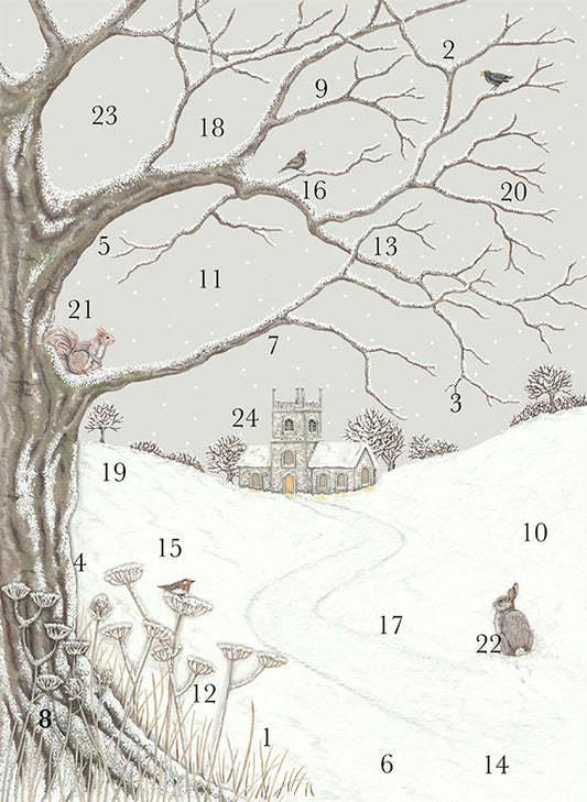 Illustration by Sally Swannell of a snowy landscape with numbered elements and animals, including a tree, church, and animals.