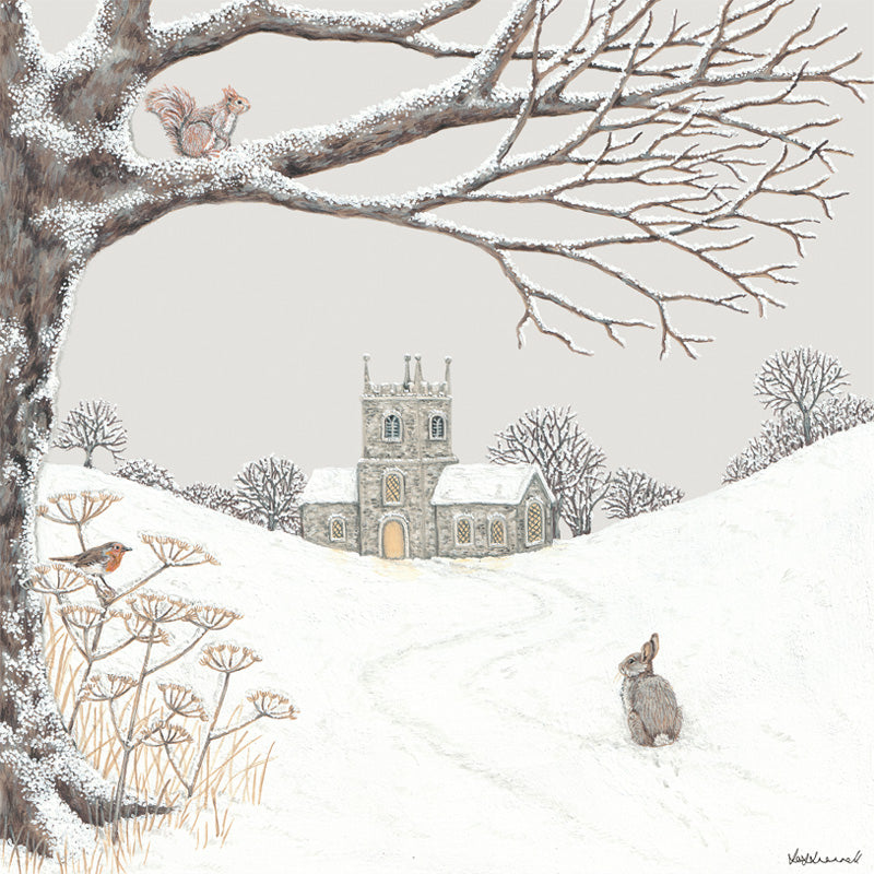 Winter scene with a church, red squirrel, rabbit, robin, and snow-covered landscape
