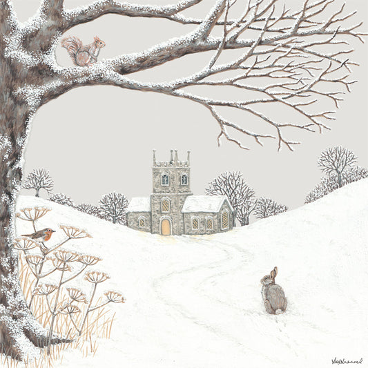 Winter scene with a church, red squirrel, rabbit, robin, and snow-covered landscape
