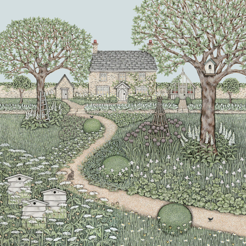 A pretty stone cottage with a large garden containing bee hives, cow parsley, buttercups, alliums, lavender, apple trees, greenhouse, stone shed, box bushes and a rabbit.