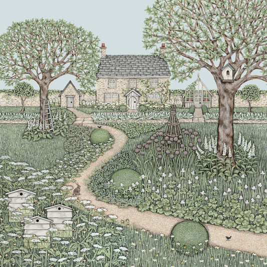 A greetings card featuring a pretty stone cottage with a large garden containing bee hives, cow parsley, buttercups, alliums, lavender, apple trees, greenhouse, stone shed, box bushes and a rabbit.
