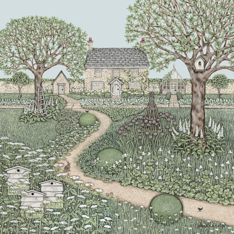 A giclee print featuring a stone cottage with a slate roof, set in  a garden containing a garden shed, greenhouse, apple trees, alliums, box bushes, aqualegia, bee hives, a rabbit and blackirds.