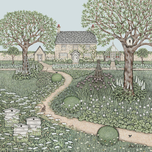 A giclee print featuring a stone cottage with a slate roof, set in  a garden containing a garden shed, greenhouse, apple trees, alliums, box bushes, aqualegia, bee hives, a rabbit and blackirds.