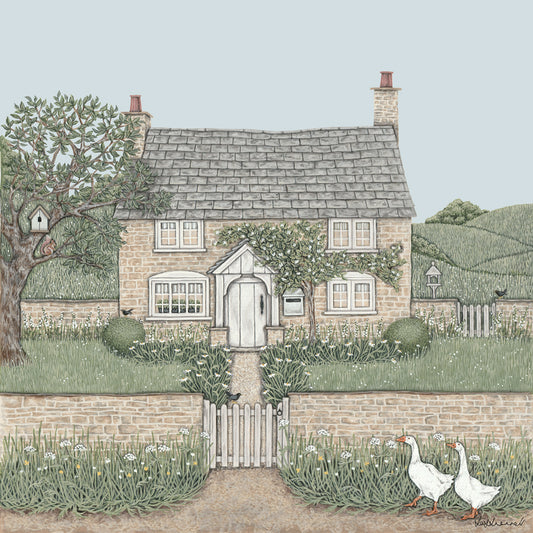A giclee print featuring a pretty stone cottag with a slate roof, flanked by a tree with a red squirrel sitting in it, surrounded by a walled garden containing plants, box bushes and blackbirds, and geese in the lane outside
