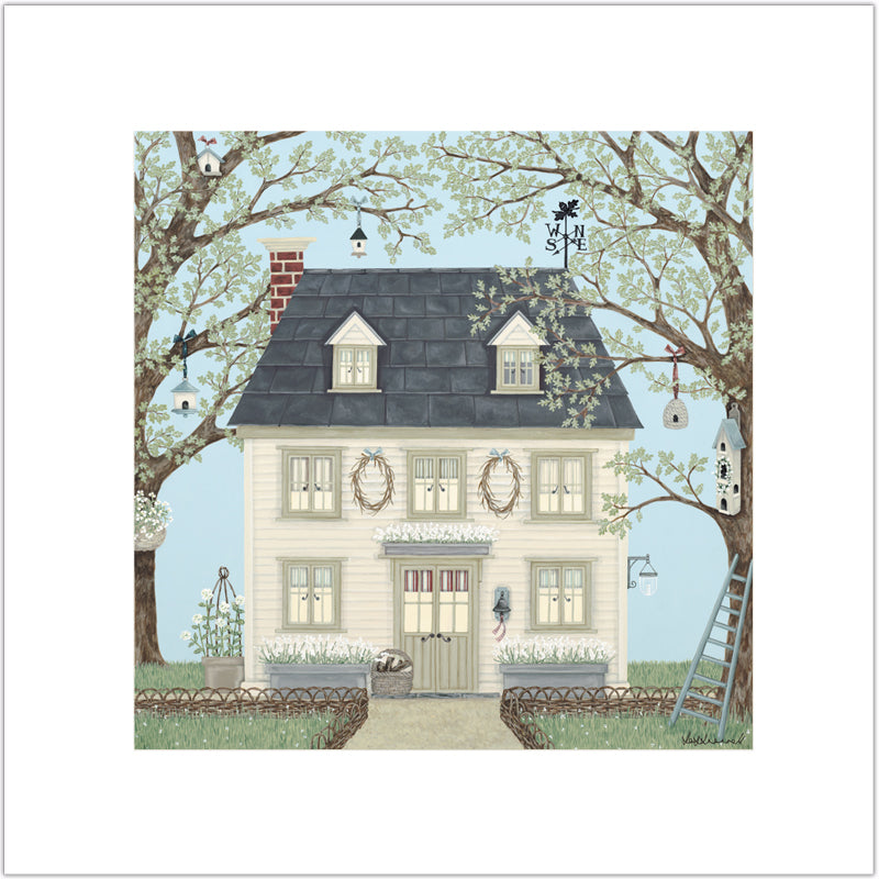 Illustration of a cream clapboard house flanked by trees.