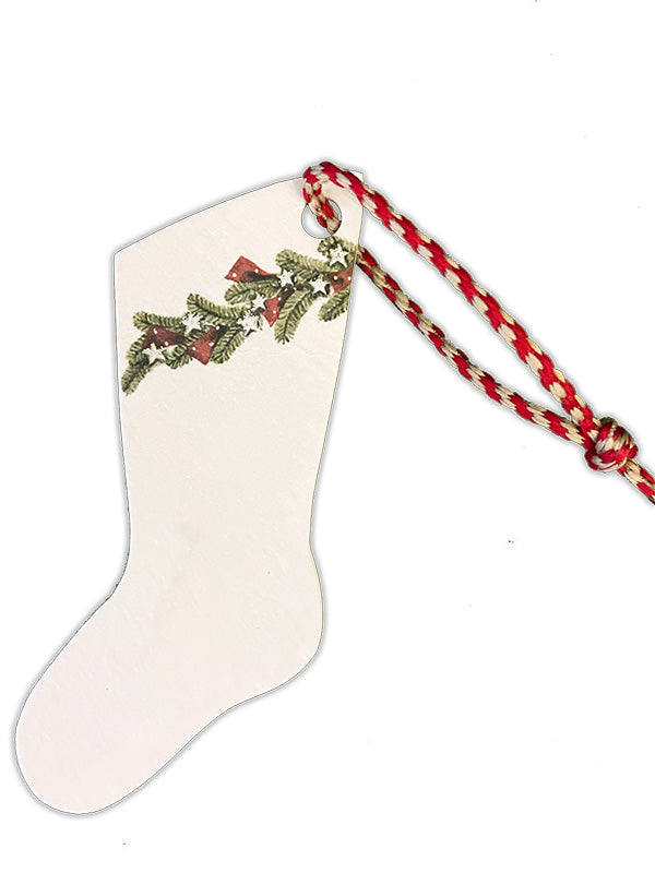 A christmas stocking decoration with a wreath design printed on it.