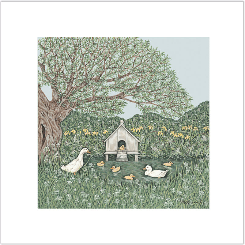 A Giclee print depicting a scene with ducks swimming in a river, and a duck house in a grassy area with trees and yellow flowers in the background.