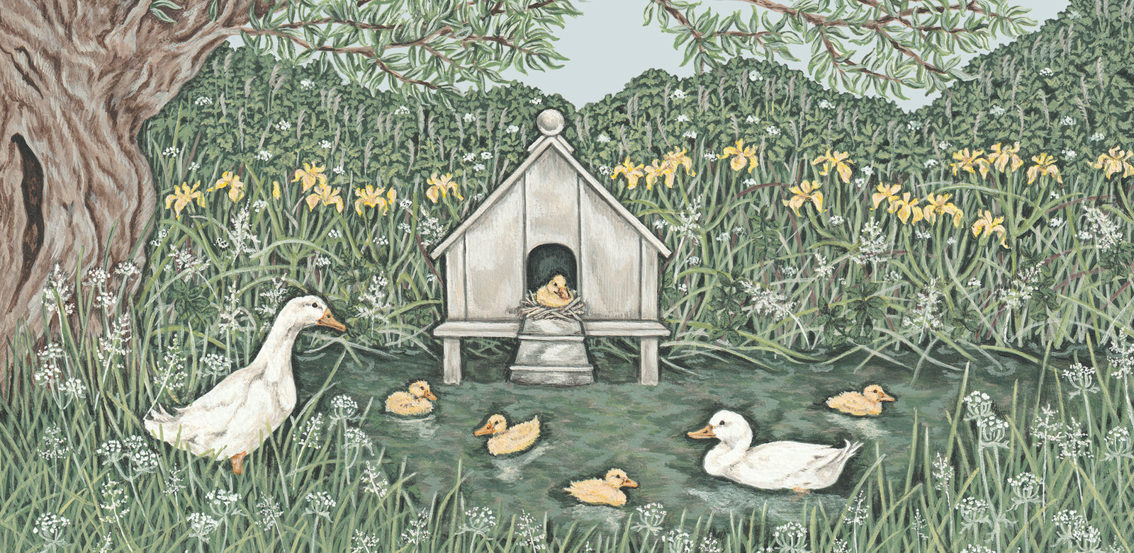 Artwork featuring a wooden duckhouse in a pond containing a white duck and ducklings. A willow tree and another white duck is on the bank.