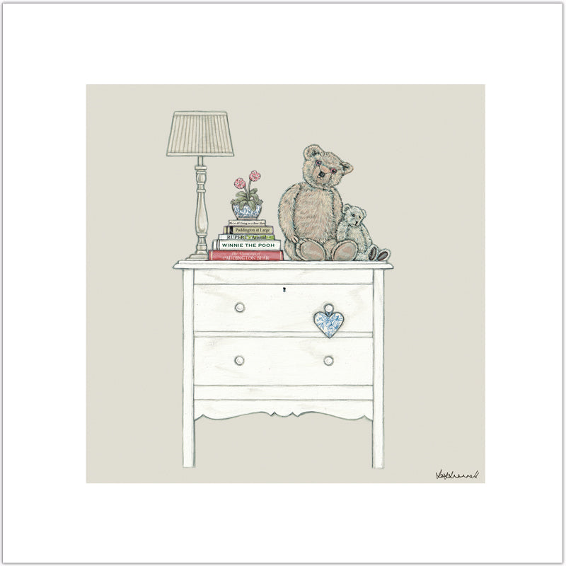Illustration of two stuffed bears, an adult bear named Edward and a younger bear named Bertie, sitting on top of a chest of drawers with a lamp and books.