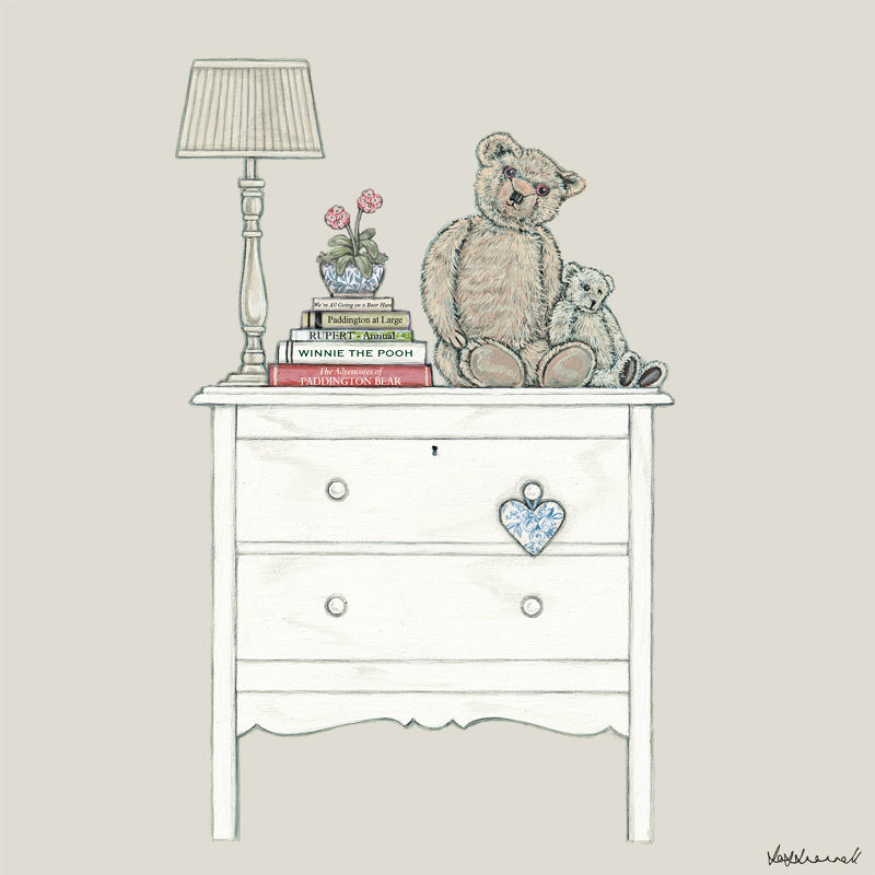 2 old bears , Edward and Bertie, sat on a chest of drawers next to a pile of books, all about bears, and a lamp.