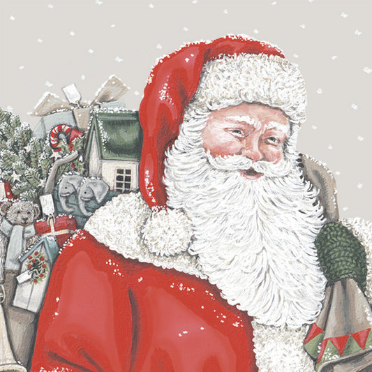 An illustrated card by Sally Swannell of Father Christmas with a festive background featuring Christmas elements.