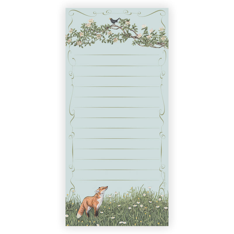 Notepad designed by Sally Swannell with a fox and bird design on a light blue background
