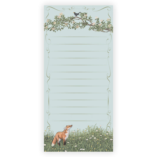 Notepad designed by Sally Swannell with a fox and bird design on a light blue background