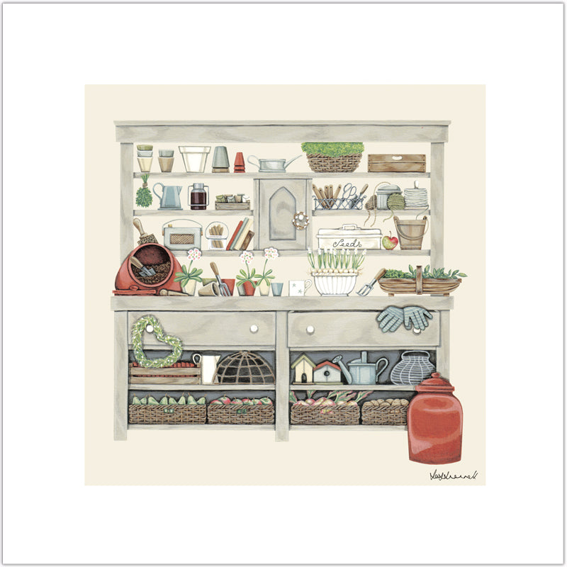A Giclee print featuring a detailed illustration of a potting bench with various garden tools and plants arranged on it.