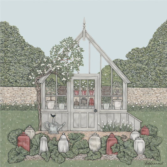 A giclee print featuring a painted wooden greenhouse, containing lots of pots, baskets and plants, with rambling rose on one side, rhubarb forcers at the front and a wall and trees in the background.