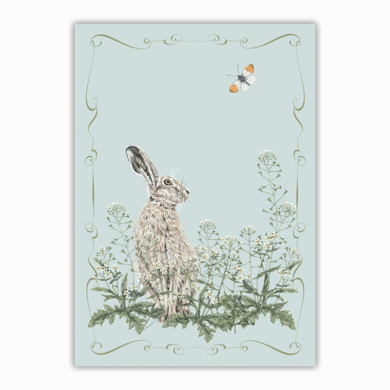 Illustration of a harein a field with flowers on a light blue background