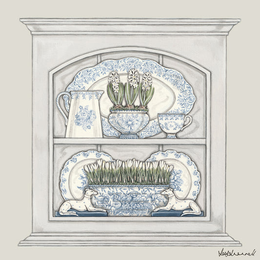 A giclee print featuring a little painted cupboard containing blue and white china jug, plates, dogs, planters planted with bulbs.