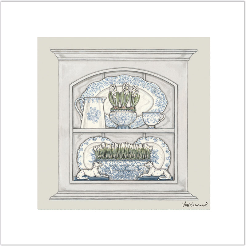 A Giclee print featuring a decorative blue and white china collection displayed in a cupboard.