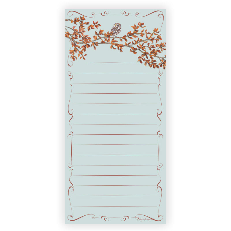 Notepad designed by Sally Swannell with decorative owl and branch design on a light blue background