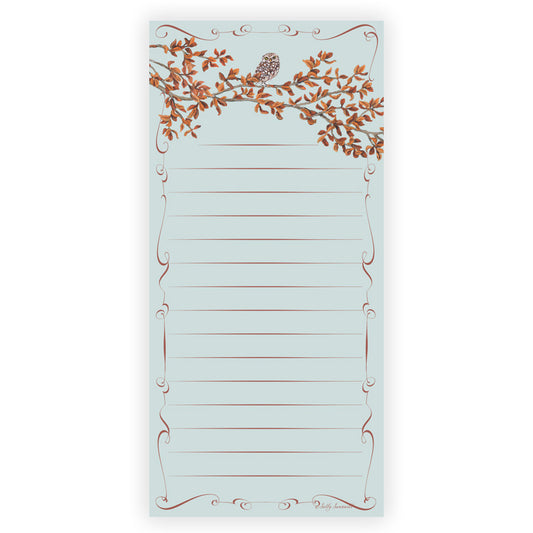 Notepad designed by Sally Swannell with decorative owl and branch design on a light blue background
