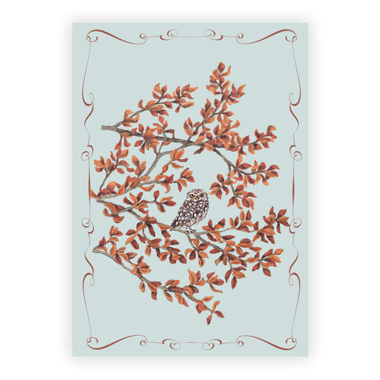 Card with an owl on a branch and decorative border on a light blue background