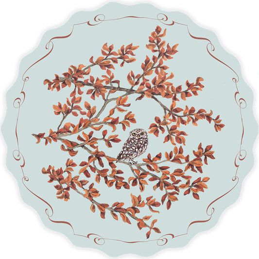 Round postcard designed by Sally Swannell  with an owl and branch design on a light blue background