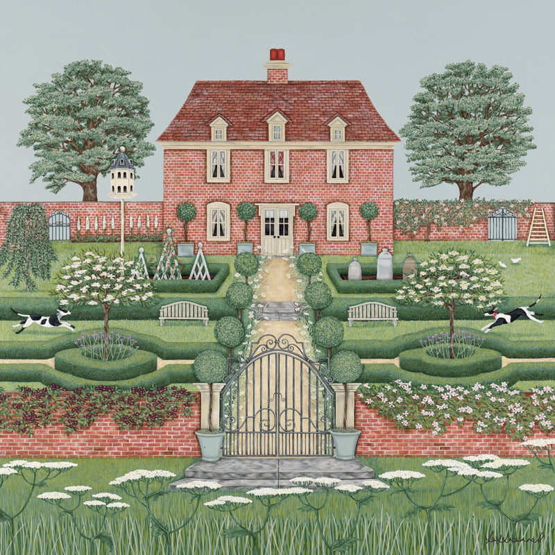 A giclee print featuring a manor house flanked by oak trees, set in a walled garden containing box hedging, topiary, and 2 hounds. There are garden gates at the bottom of the path overlooking a bank of cow parsley.