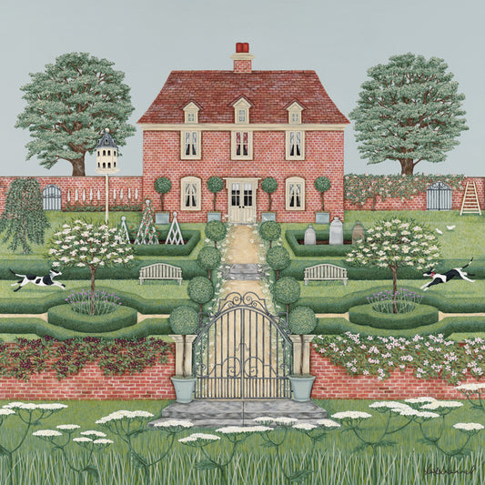 A giclee print featuring a manor house flanked by oak trees, set in a walled garden containing box hedging, topiary, and 2 hounds. There are garden gates at the bottom of the path overlooking a bank of cow parsley.