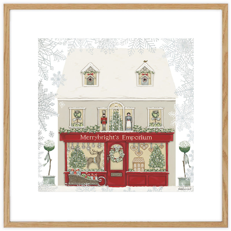 Illustration of a festive store front with 'Merrybright's Emporium' on a snowy background.