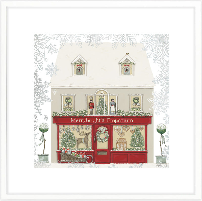 Illustration of a festive store front with 'Merrybright's Emporium' on a snowy background.